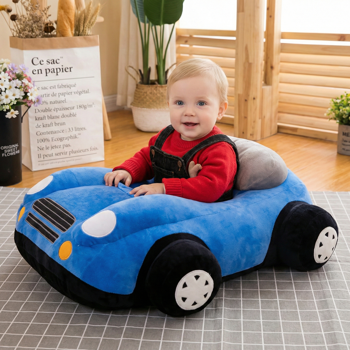 Premium Plush Baby Dining Chair - Soft Cartoon Car Seat for Infants & Toddlers