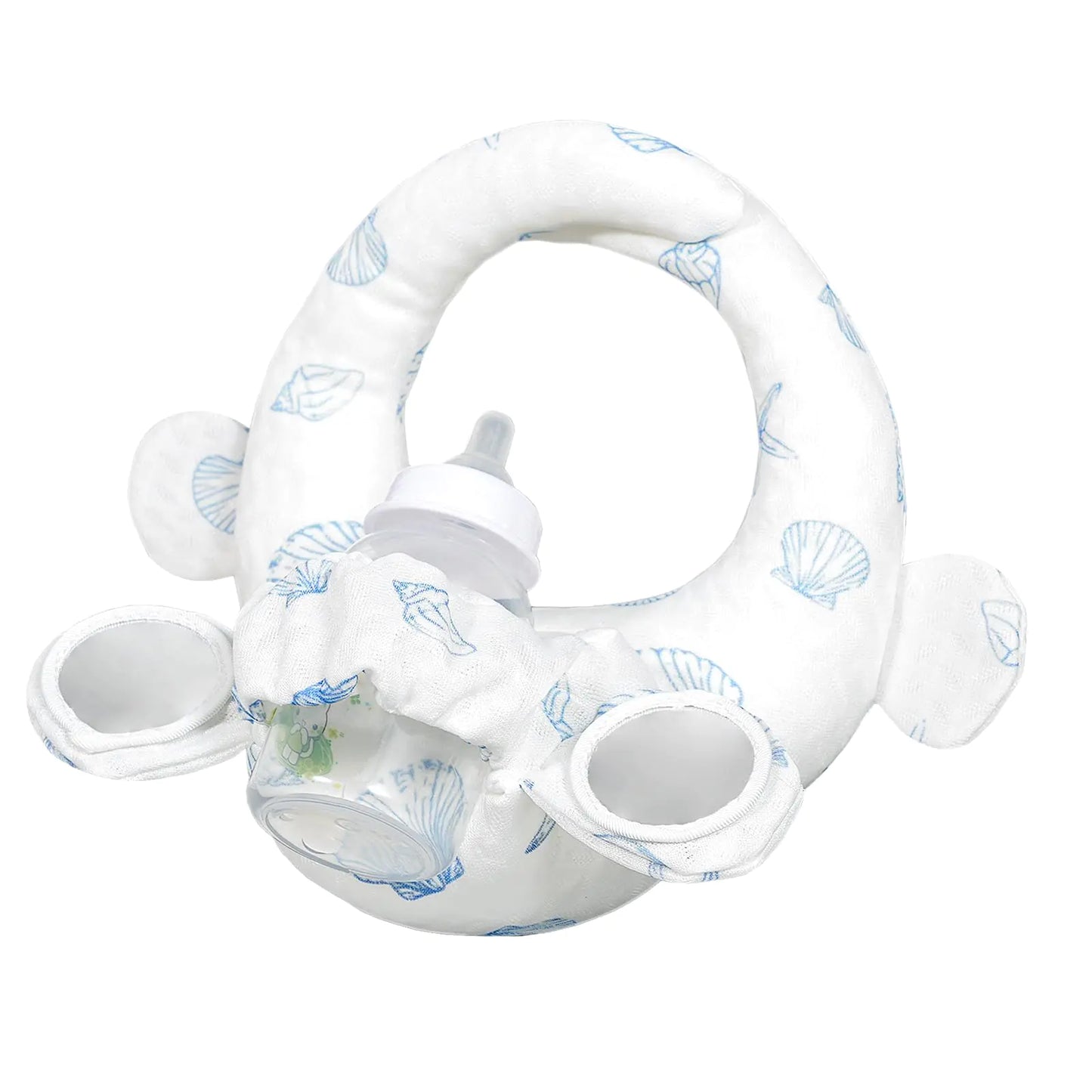 Baby Bottle Holder Hands Free Bottle Propper for Baby Portable Baby Self-Feeding Pillow with Self-Discovery Sensory Mirror Snap Botton Closure for Adjustable Fit (White)